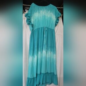 Cal Style Dress Maxi Green Tie Dye Flutter Sleeve Ruffle Tiered Maxi Teal Green